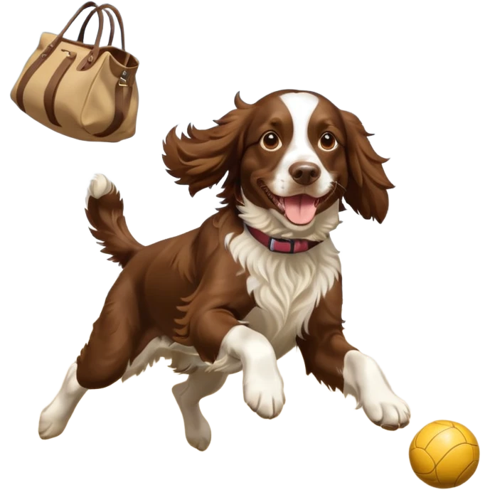 brown English springer spaniel jumping for joy on a Northumberland beach with a bag of balls emoji