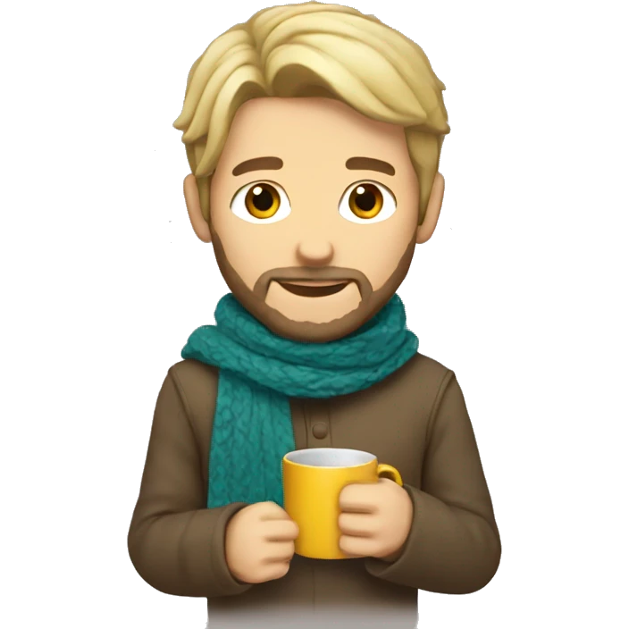 male with blonde brown hair beard with scarf holding mug emoji
