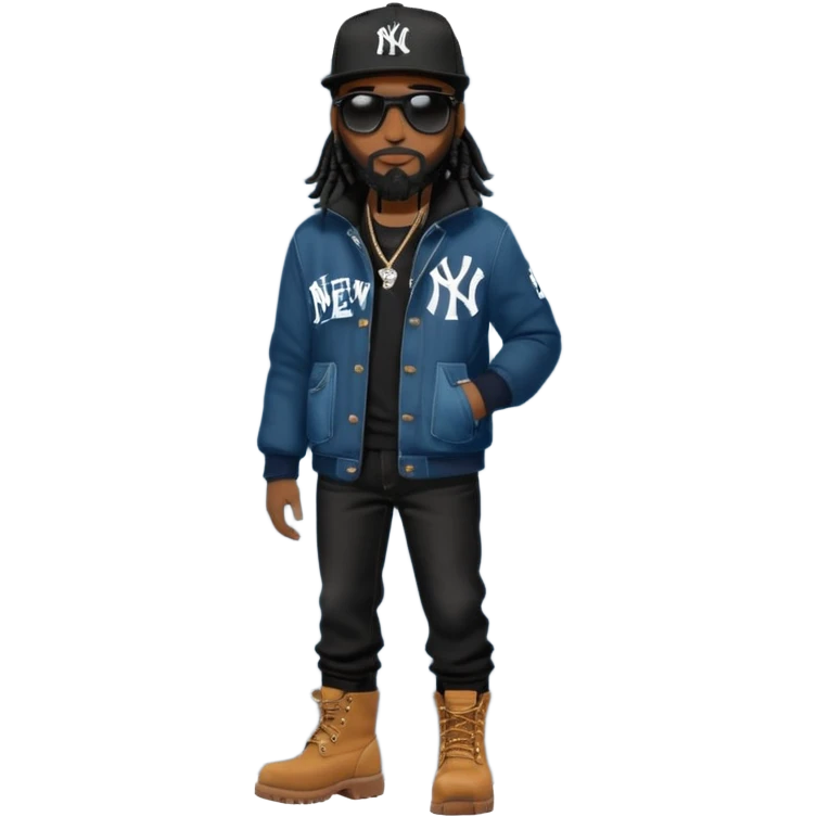 African American man with shoulder length black dreadlocks with black beard wearing black sunglasses wearing a black New York Yankees logo baseball cap wearing a black bubble winter coat wearing denim skinny jeans and Timberland boots with on hand in his pocket emoji