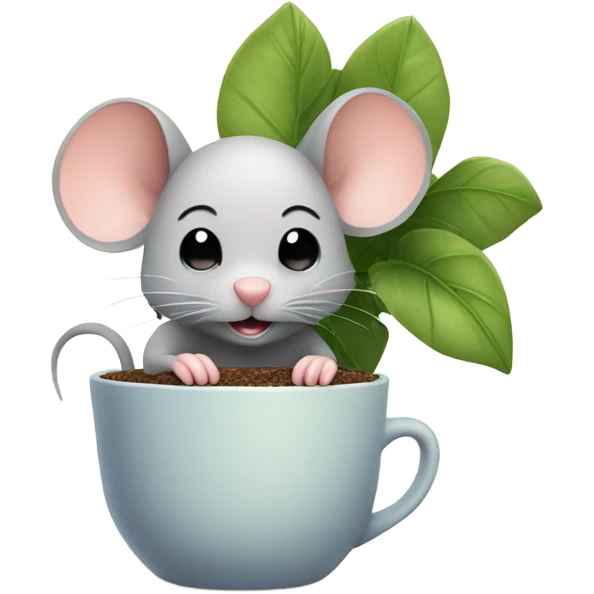Cute mouse with a potted houseplant and cup of tea emoji
