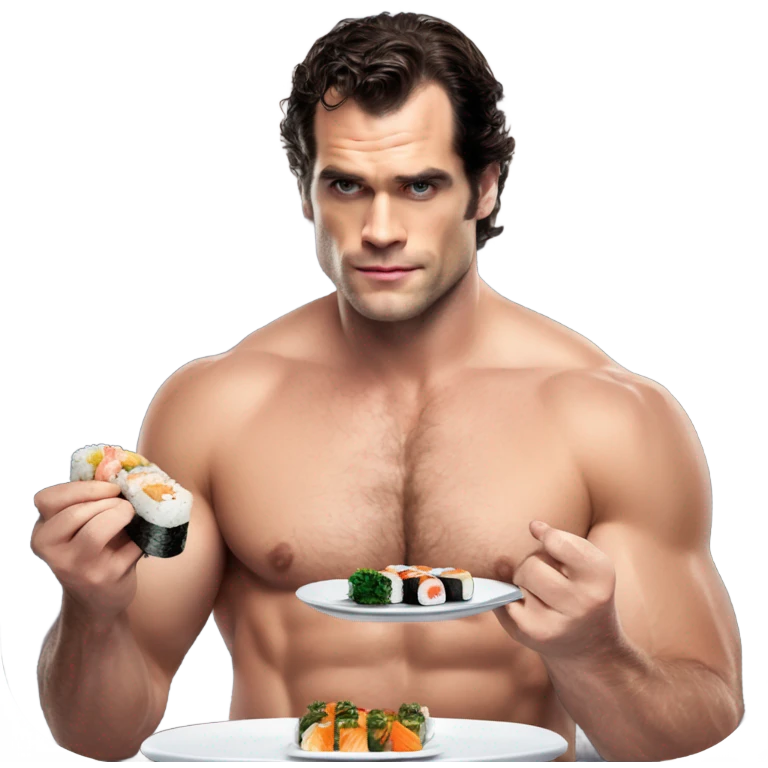 realistic photo of Henry Cavill eating sushi with a beautiful  victoria secret model  emoji