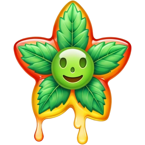 generate an emoji-style image of a juicy gummy shaped like a marijuana flower, make it colorful and with liquid dripping out emoji