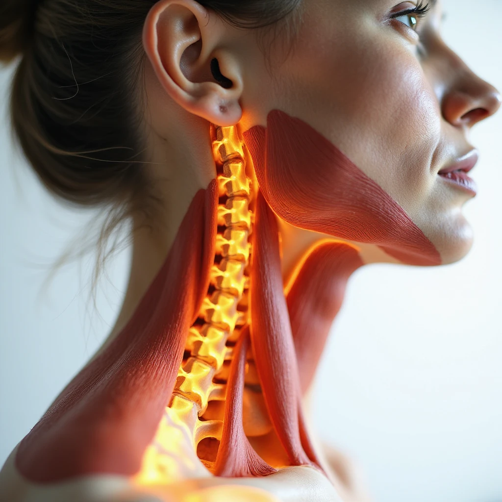 realistic anatomical close-up of a woman's neck showing highlighted cervical contractures, tense muscles, white background emoji