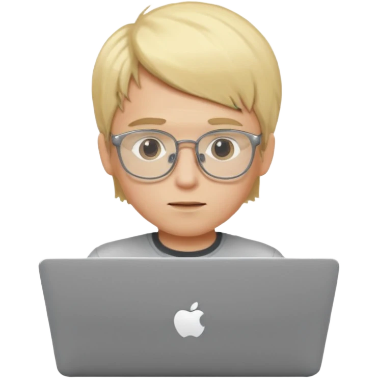 Blonde boy using laptop wearing clear glasses emoji