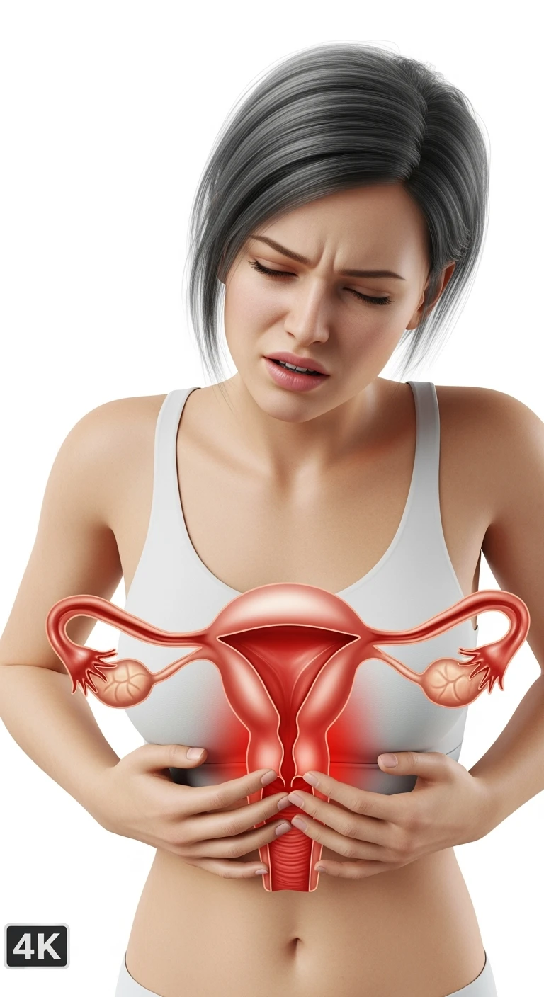 donna con utero umano realistico in evidenza dolorante, espressione di dolore in volto, sfondo bianco, non farla computerizzata, ma iperrealistica 4k emoji
