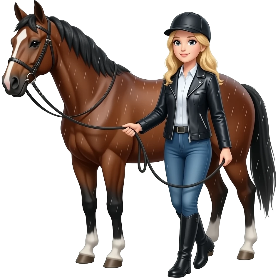 Blonde lady leading horse in the rain emoji