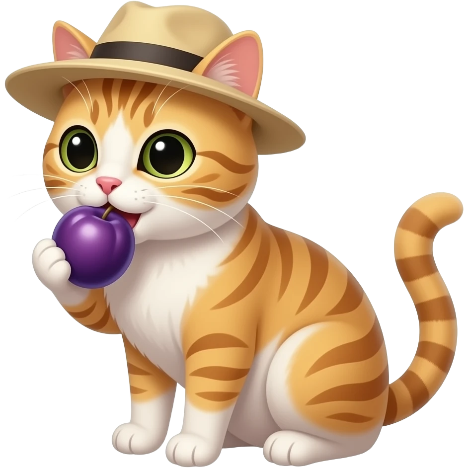 A cat with a hat that is eating a plum emoji