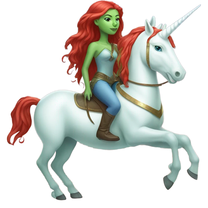 [(a light green Amazon alien woman with red hair with blue eyes) on a (four-legged white unicorn)] emoji