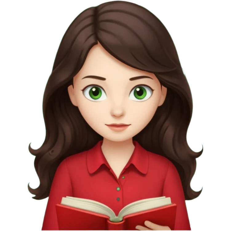 Long wavy dark brown haired, white skinned, dark green eyed girl in red blouse reading a book emoji