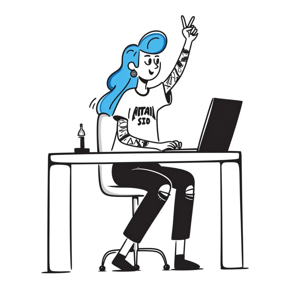 Rock musician girl with half-shaved head and blue hair, arm tattoos, multiple ear piercings, wearing ripped jeans and metal band shirt, sitting at desk with laptop and raising hand enthusiastically emoji