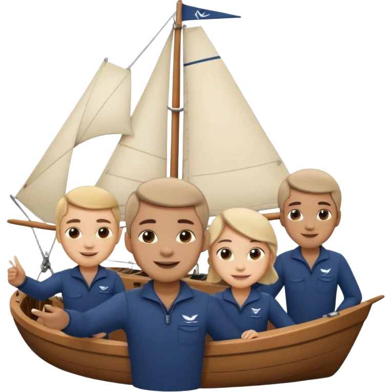 Emoji-style person taking a selfie with small sailing crew behind, rounded faces, soft shading, smiling, PNG cutout emoji