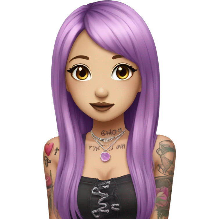 hime gyaru girl, long straight pink and purple hair, tattoos, dark makeup,  emoji