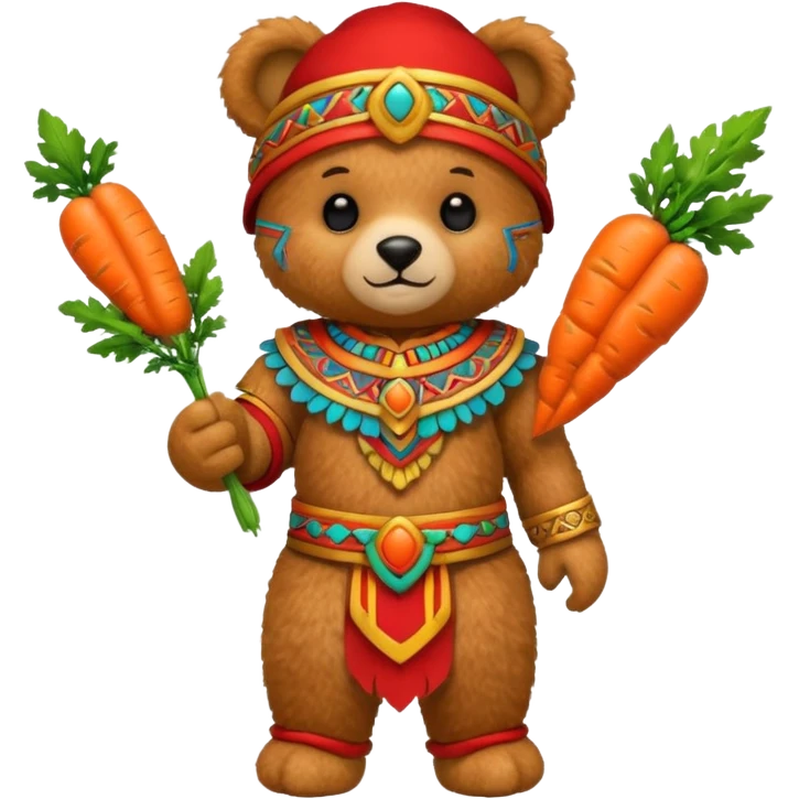 teddy bear Upper with carrot , wearing red mayan ancient custome, half body emoji