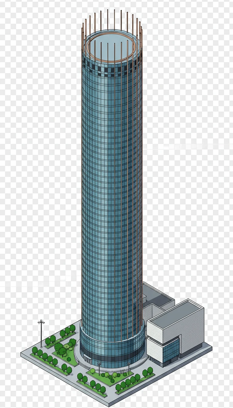 Изометричная, яркая, детализированная, объемная и фотореалистичная иллюстрация Башни «Исеть» в Екатеринбурге. Чёткие контуры, не размазанные линии, высокое качество, прозрачный фон, не обрезать края картинки emoji