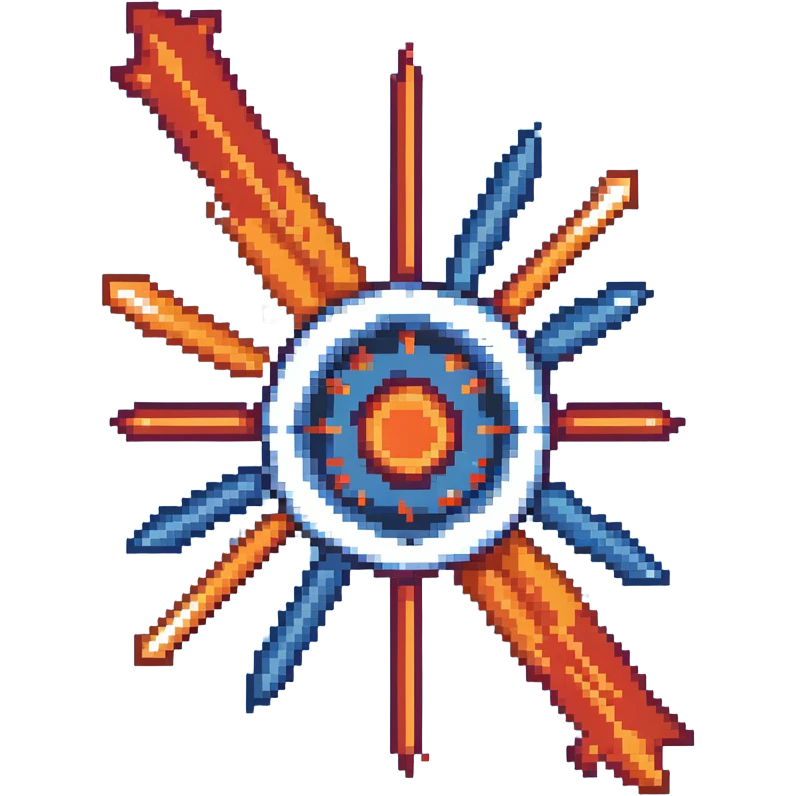 Bomb range power-up sprite, 64x64 pixels, explosion with red and orange arrows extending outward in four directions, target/bullseye design, vibrant red/orange color palette, clean pixel edges, recognizable icon that represents increased blast radius emoji