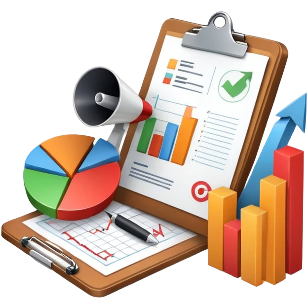 An icon featuring a pie chart, a clipboard with a checklist, and a megaphone, symbolizing management and marketing. The design includes upward-trending graphs and a target with an arrow, representing strategy and success. Transparent background highlights business organization and promotion. emoji