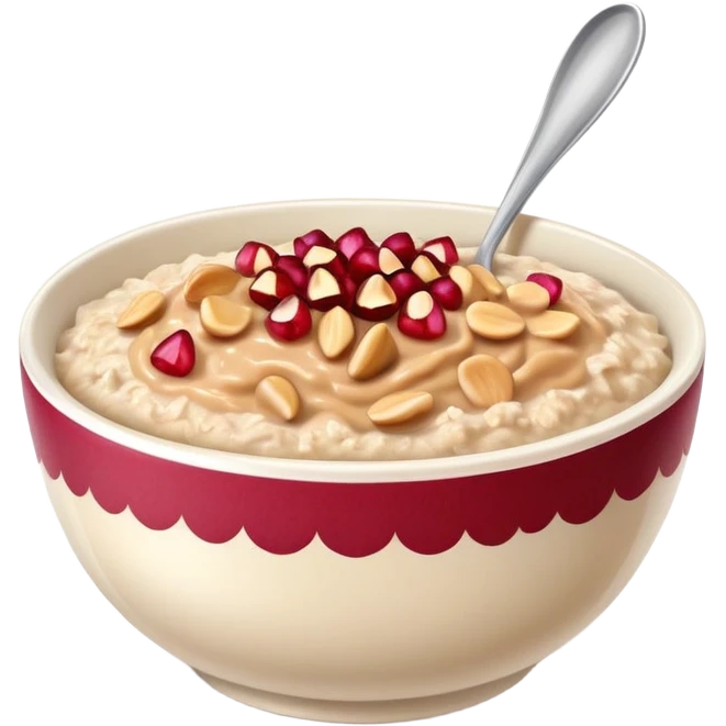 bowl of oatmeal with peanut butter, coconut flakes and pomegranate seeds emoji