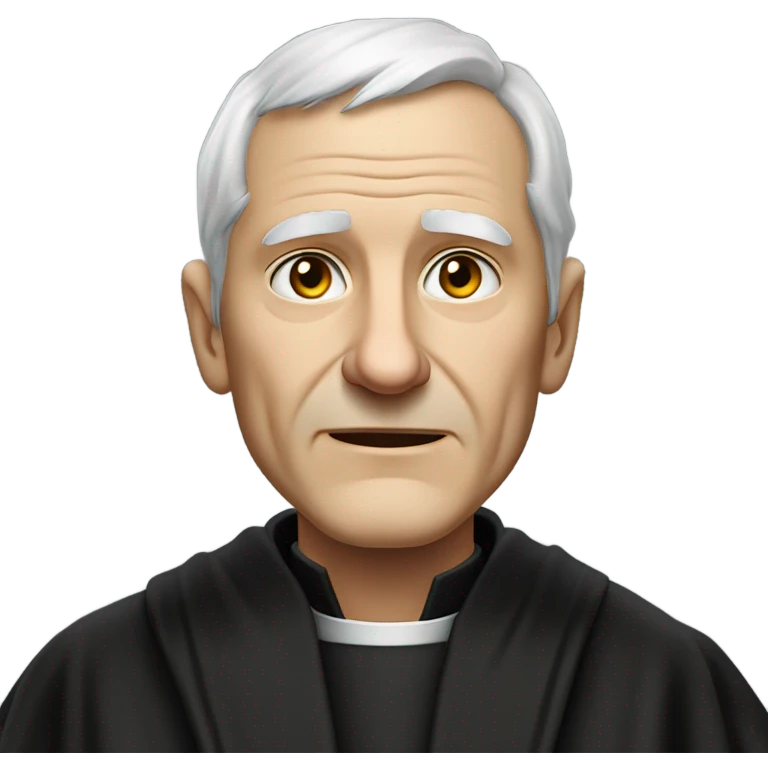 "An older man with thinning white hair, a weathered face, and a solemn expression. He wears a black robe with a clerical collar and holds a Bible or rosary, standing in a modest church." emoji