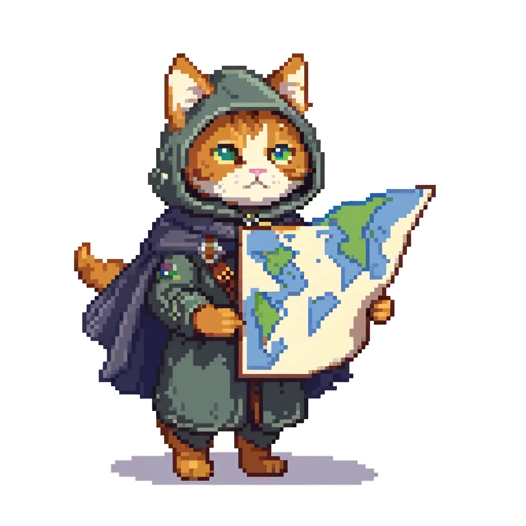 Cat explorer holding map, mountain landscape with stars, wearing explorer gear with cloak blowing in wind, gazing at horizon emoji