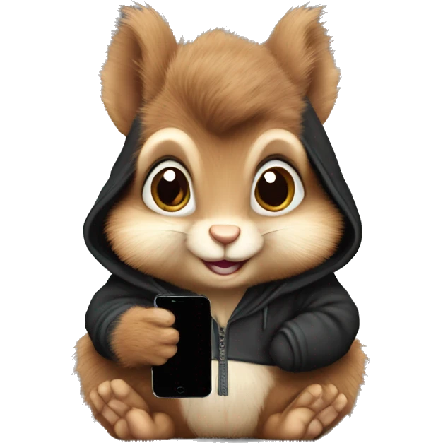 Cute realistic fluffy Squirrel with fluffy ears in black hoodie holding an iPhone  emoji