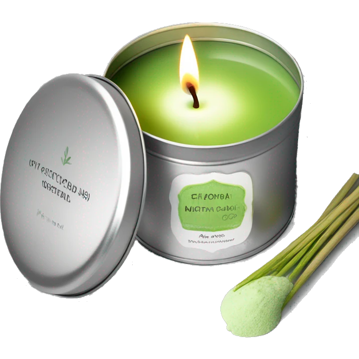 pretty matcha scented candle in silver tin with label realistic emoji