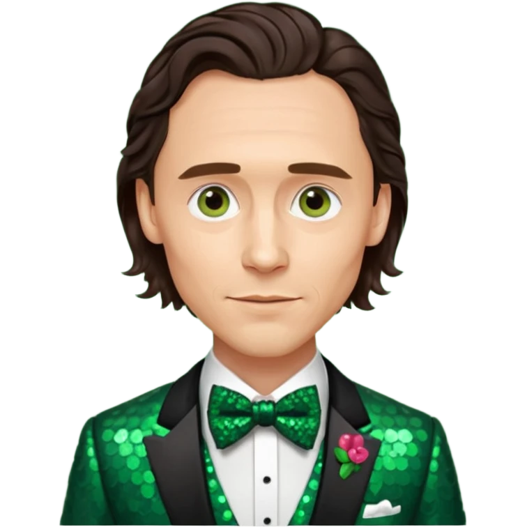 Tom Hiddleston with dark brown hair, dark green sequin suit with bow tie emoji