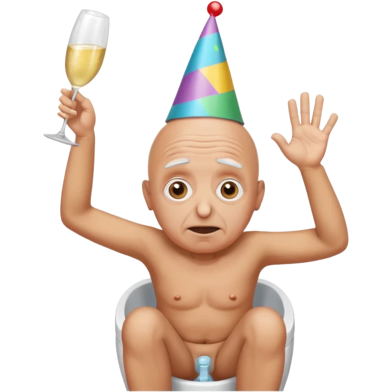 A bald person who’s very old is staring, he’s inside a toilet and his head is upright and looking at the camera with very wide eyes and his hands are putting pressure on his head, very scared expression and he’s twerking emoji