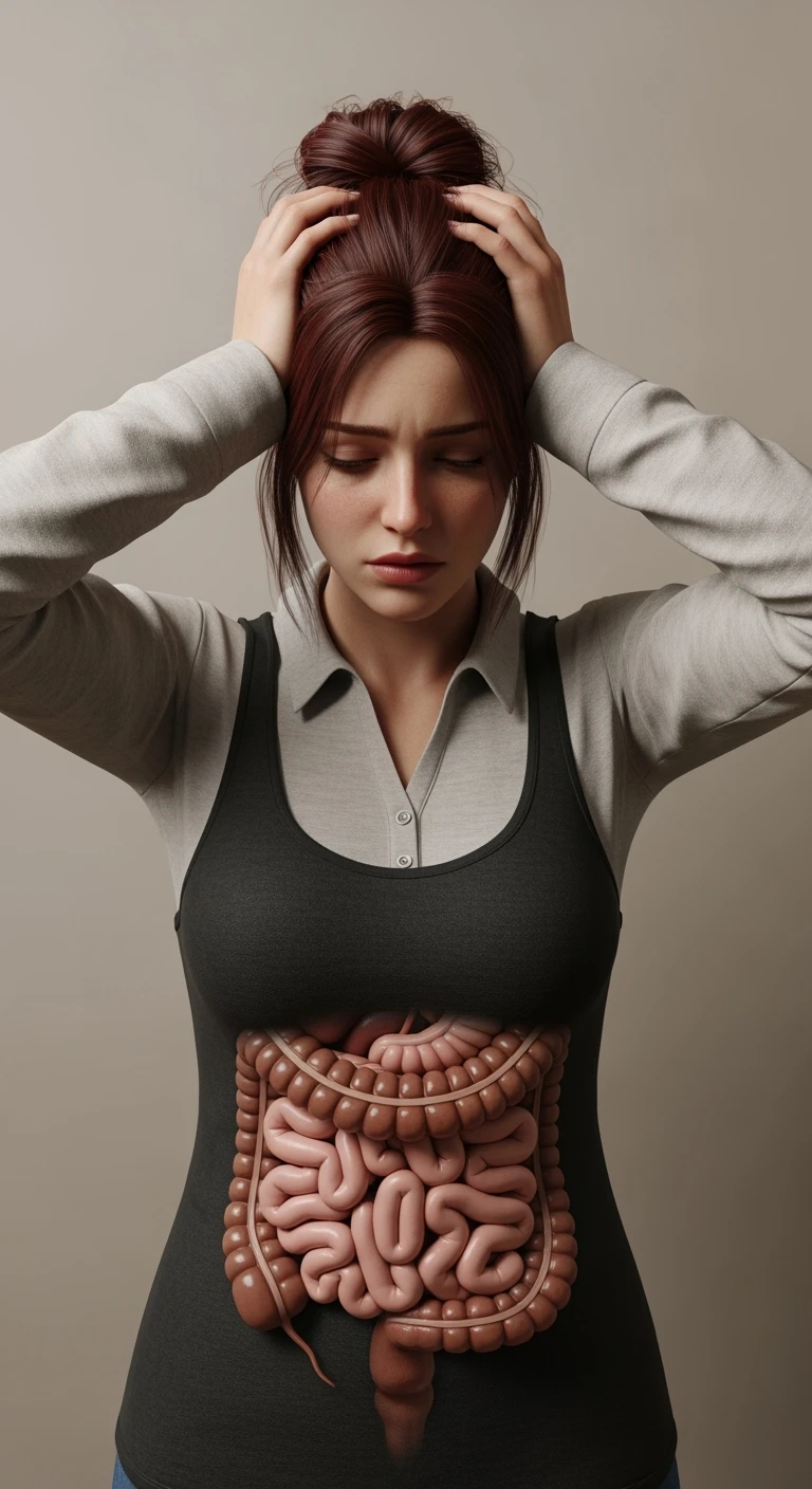 DONNA stanca con intestino realistico in evidenza che si tiene le mani sulla testa, iperrealistici 4k, non disegnati emoji