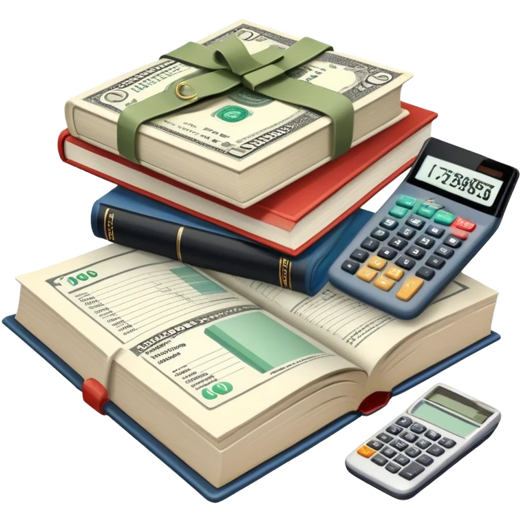 Icon for Business Reading: an open book with graphs, numbers, percentages, formulas, and text on the pages, next to a stack of books, a pile of dollars, a calculator and business magazines like Forbes. Transparent background. emoji