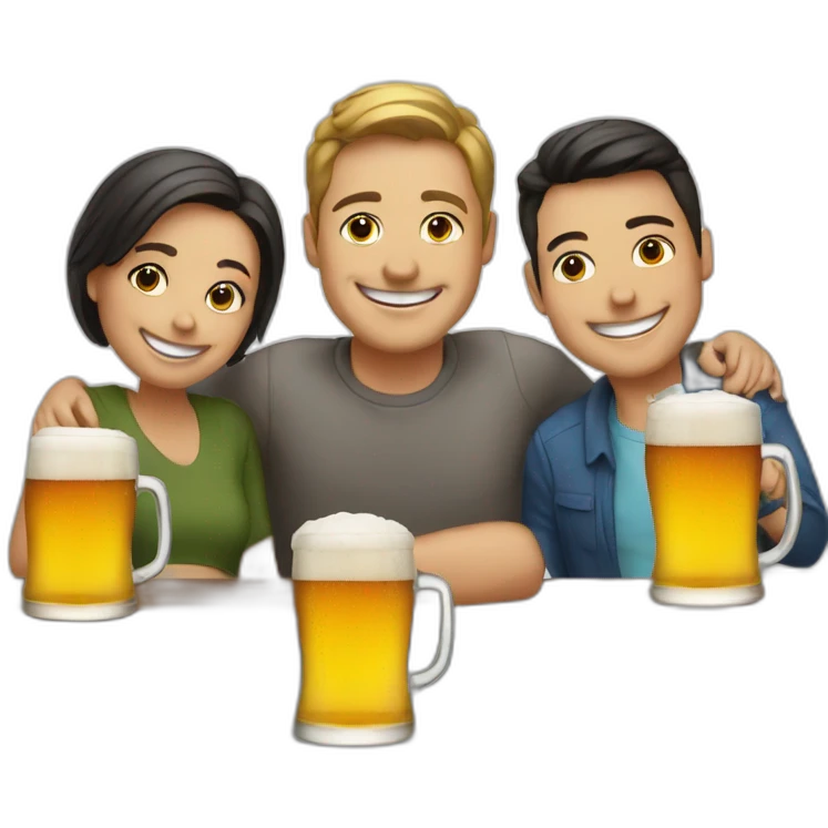 3 people smiling around a table with 3 small beers on it emoji