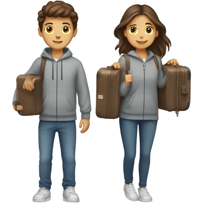 brown hair boy and girl holding suitcases while wearing grey sweat sets emoji