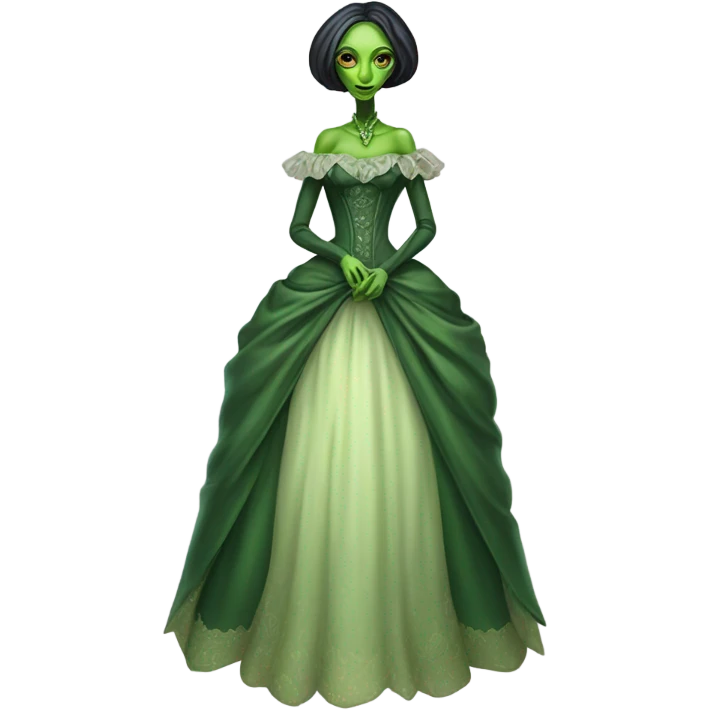 "green alien woman" galora in Victorian dress elegant, full body emoji