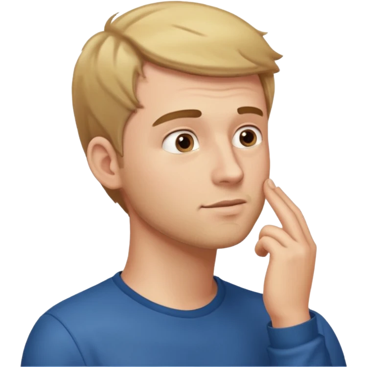 white guy looks up, stands sideways, puts hand to chin, thinks emoji