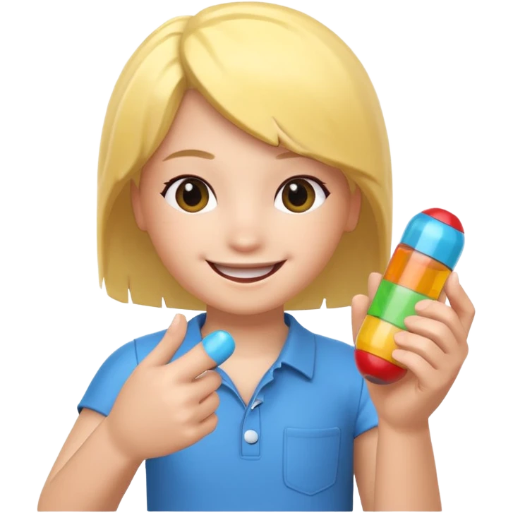 roblox gacha character, smiling, holding a toy capsule, playful expression emoji