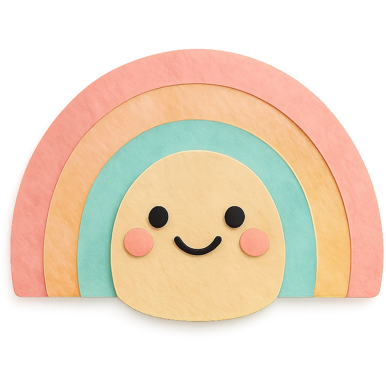 soft pastel rainbow with smooth watercolor texture and happy face, no arms, no legs, full body, kawaii paper craft style emoji