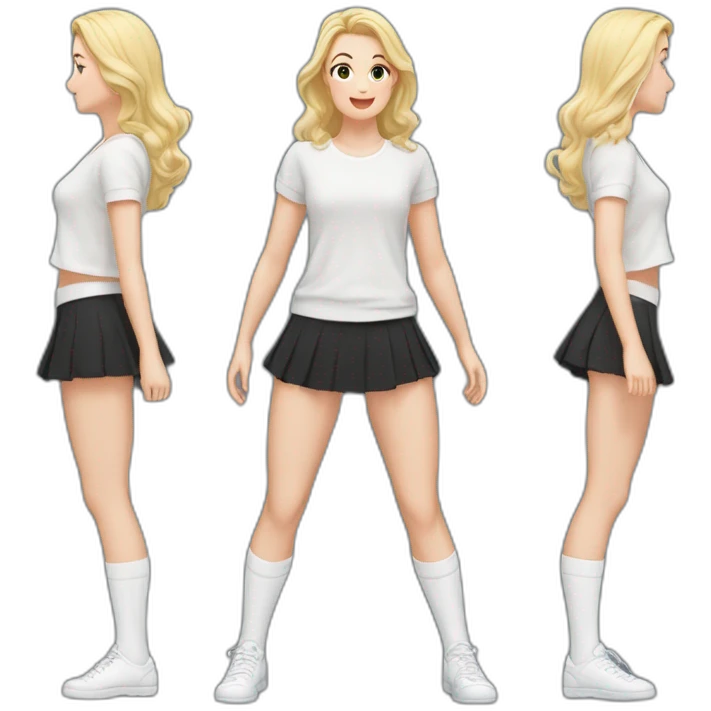 alistic-full-body-caucasian-curvy-beauty-jumping-short black-skirt-back-and-front-views-strong-wind-knickers-long-white-socks emoji