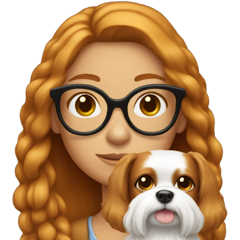 Tanned ginger long hair girl with glasses holding small white dog  emoji