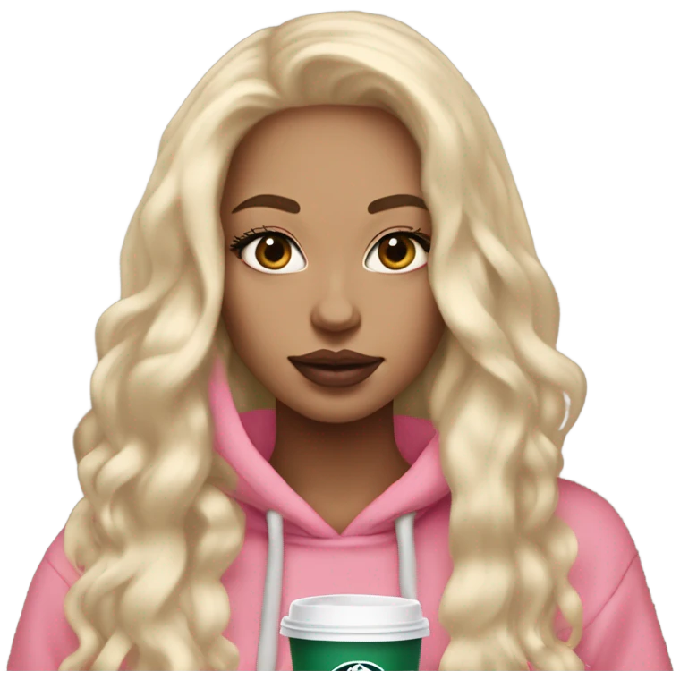White skin girl with long blonde hair extensions with big pink lips and lashes with a Starbucks in her hand and a beige hoodie on emoji