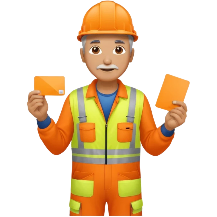 older engineer hi-vis orange overalls full body holding a card emoji
