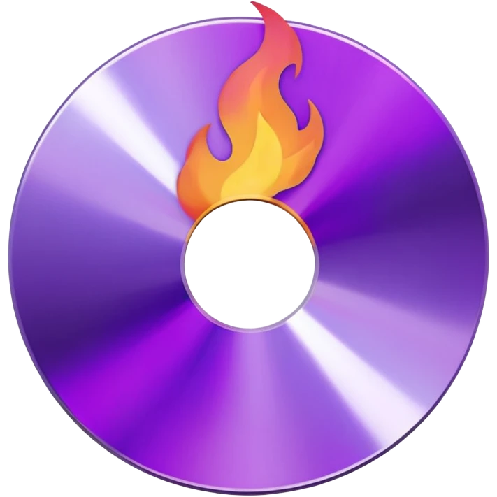 A minimalist CD disc with a subtle fire design, purple flames. emoji