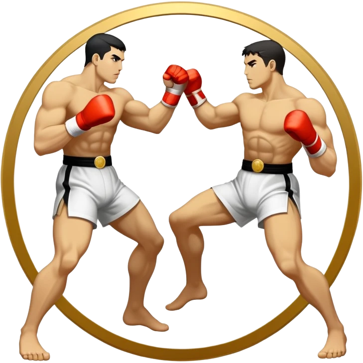 Round emblem symbolizing striking martial arts. The emblem features two fighters in dynamic stances, one delivering a powerful punch while the other defends with a block. In the center, a stylized fist and foot crossed to represent the essence of striking.  emoji