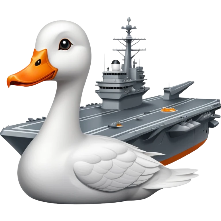 A gray military aircraft carrier with a white goose head and orange beak at the front of the ship emoji