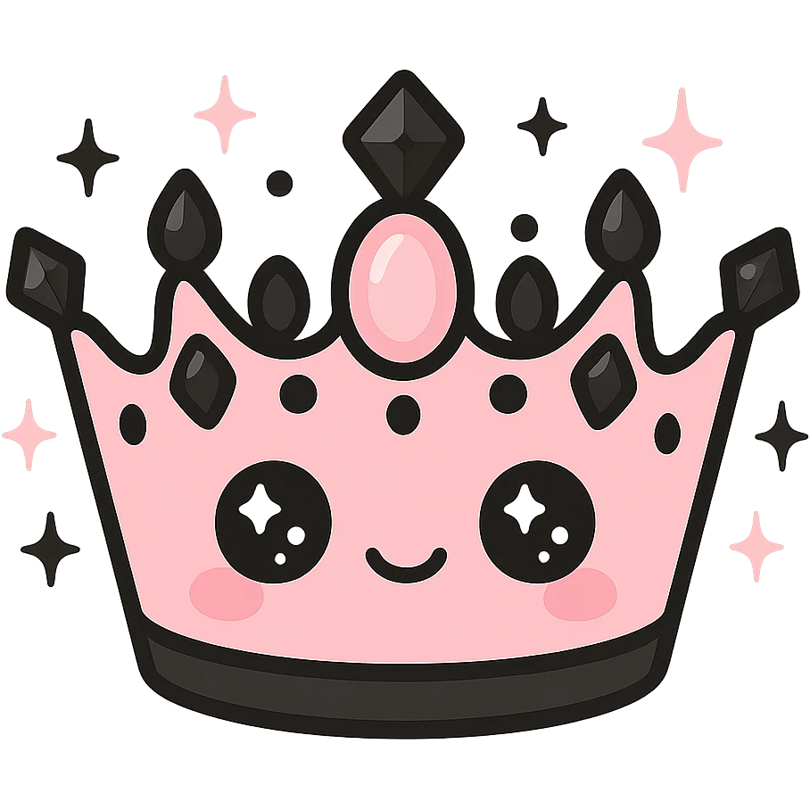 kawaii style magical gothic crown inspired by BLACKPINK, adorable face, black and pink jewels, sparkling stars, glamorous and bold emoji