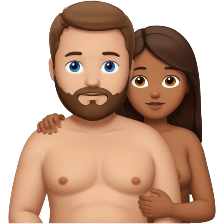 chubby white guy with brown hair and beard and blue eyes, holding a brown girl with long dark hair and dark brown eyes in arms, naked, showing tits emoji