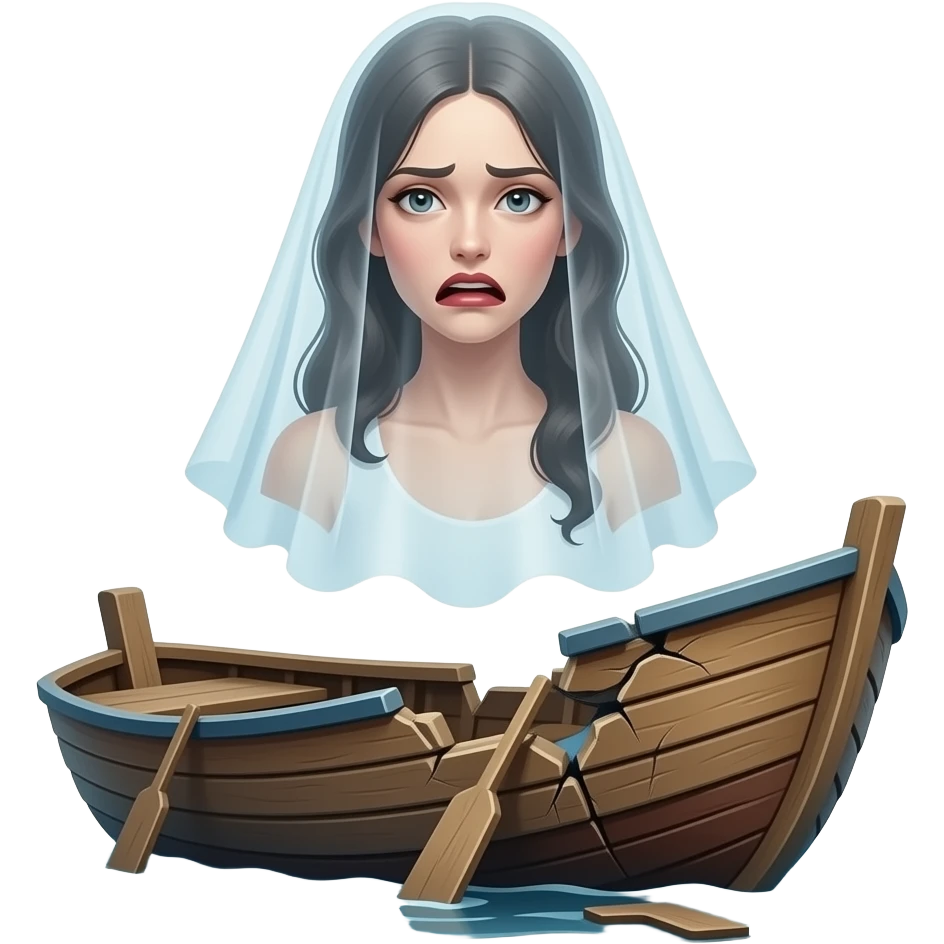 cinematic  - a broken boat with a terrifying female apparition around which a transparent veil flutters hovers emoji