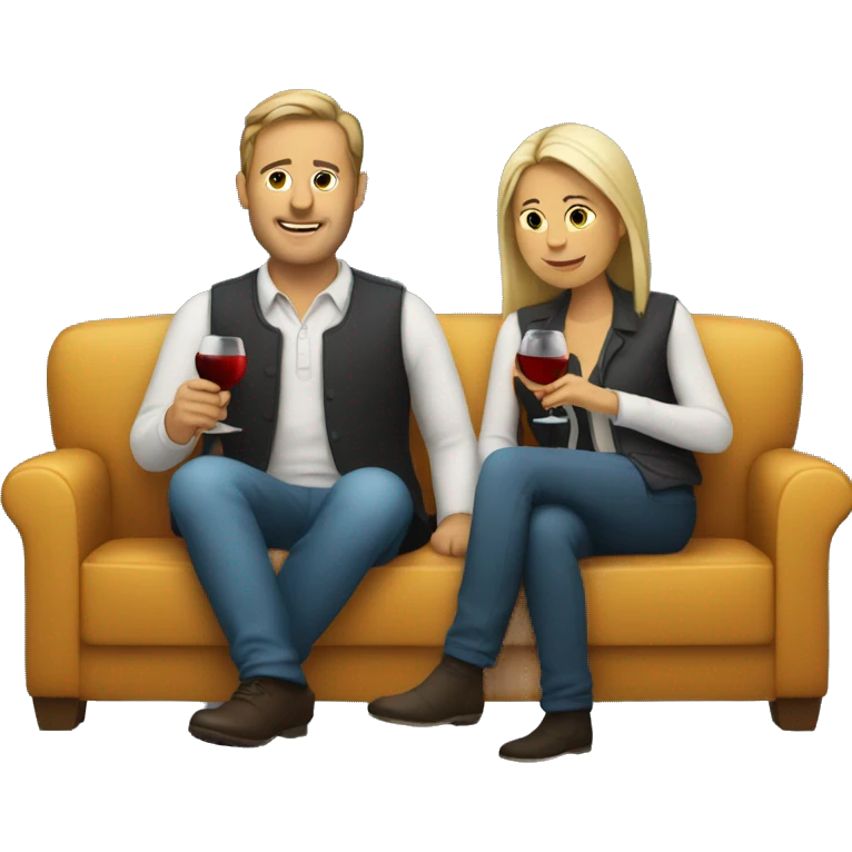 man and woman sitting on a couch drinking wine emoji