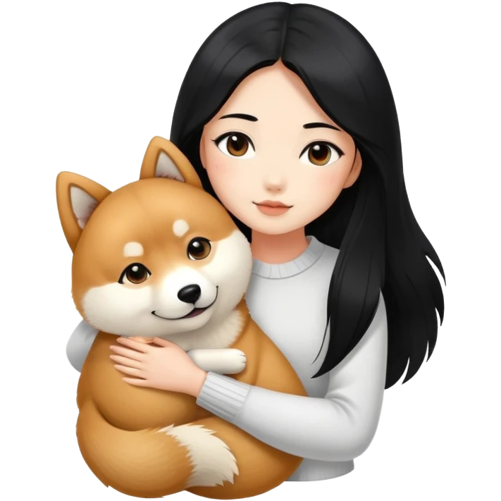 A beautiful girl with long black hair hugs a Shiba Lnu emoji