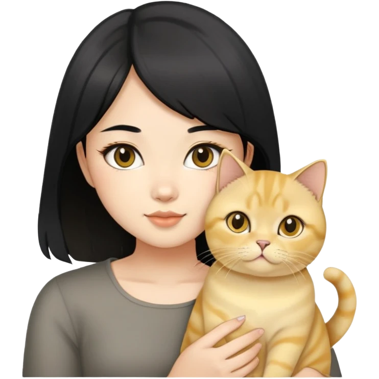 asian girl with black hair and gold ombré at bottom，holding a golden british shorthair cat emoji