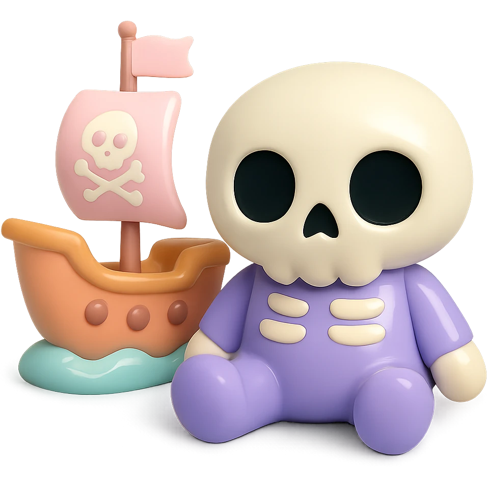 cartoon pirate ship with sails, smooth glossy pastel colors, designer toy aesthetic, vinyl figure style emoji