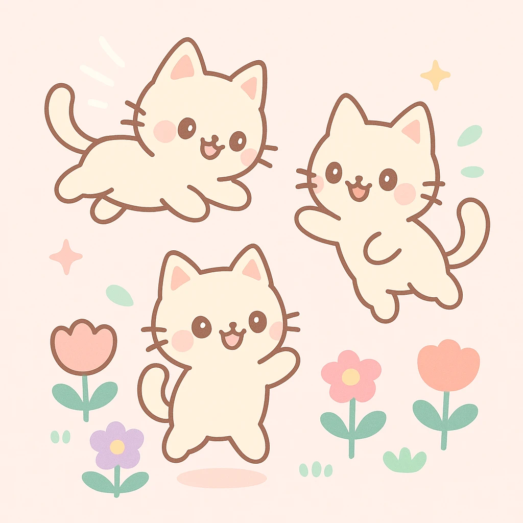 cute little cats, glowing, smiling, leaping around flowers in a garden, joyful and sweet emoji